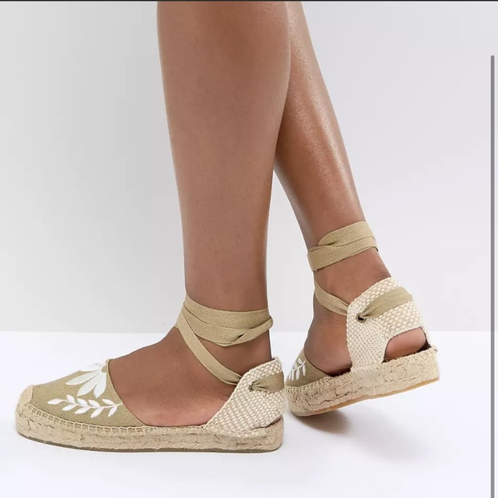 Soludos Taupe Floral Embroidered Ankle Tie Espadrilles